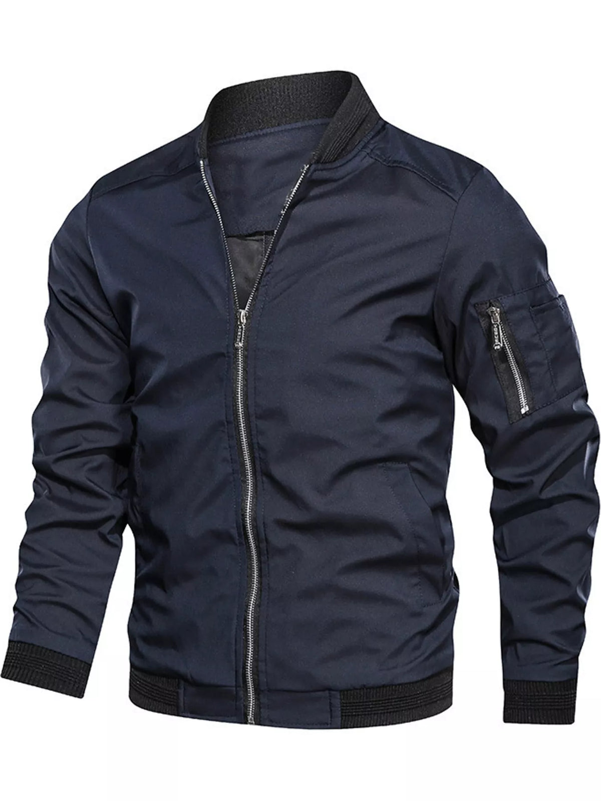 Men's lightweight bomber jacket in navy blue, full-zip front, ribbed cuffs and hem