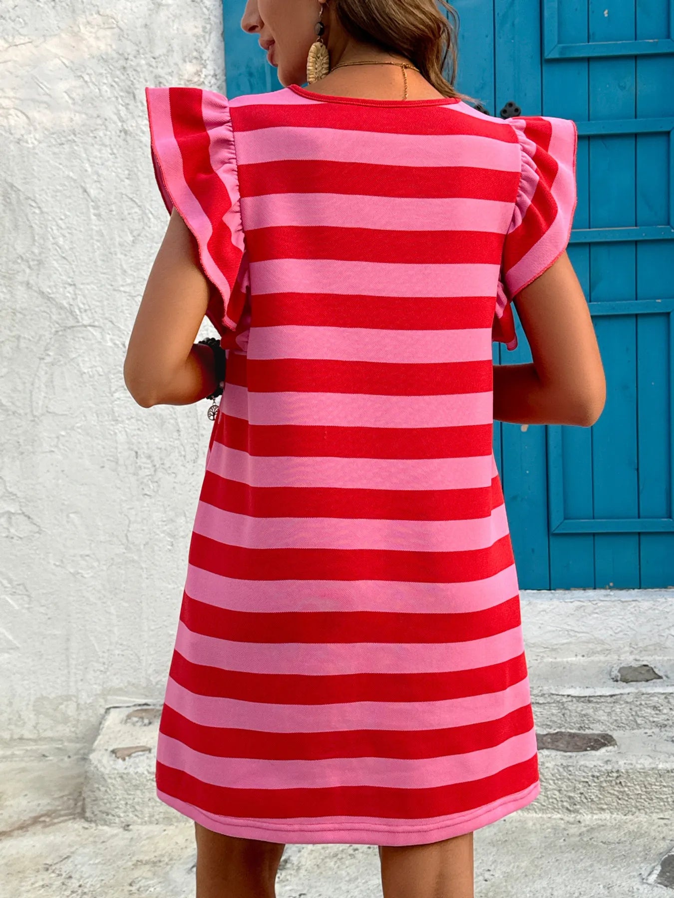 Striped Ruffle Sleeve Casual Summer Dress with pink and red stripes and pockets