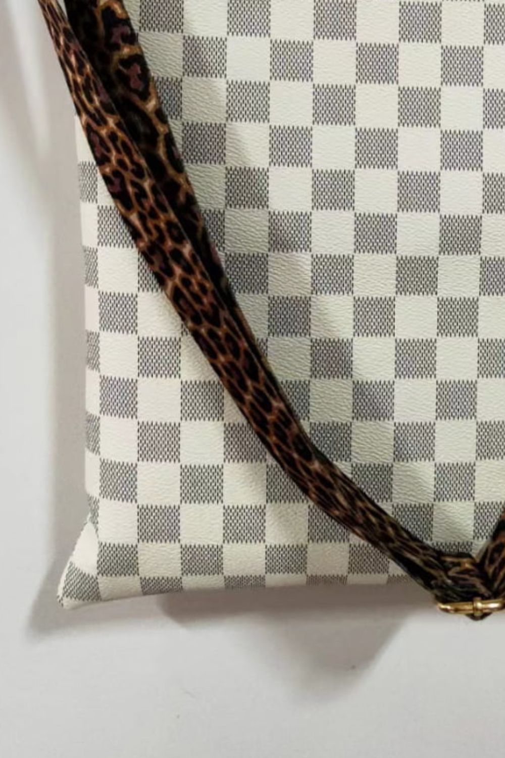 PU leather shoulder bag with leopard-print shoulder strap and gold-tone hardware