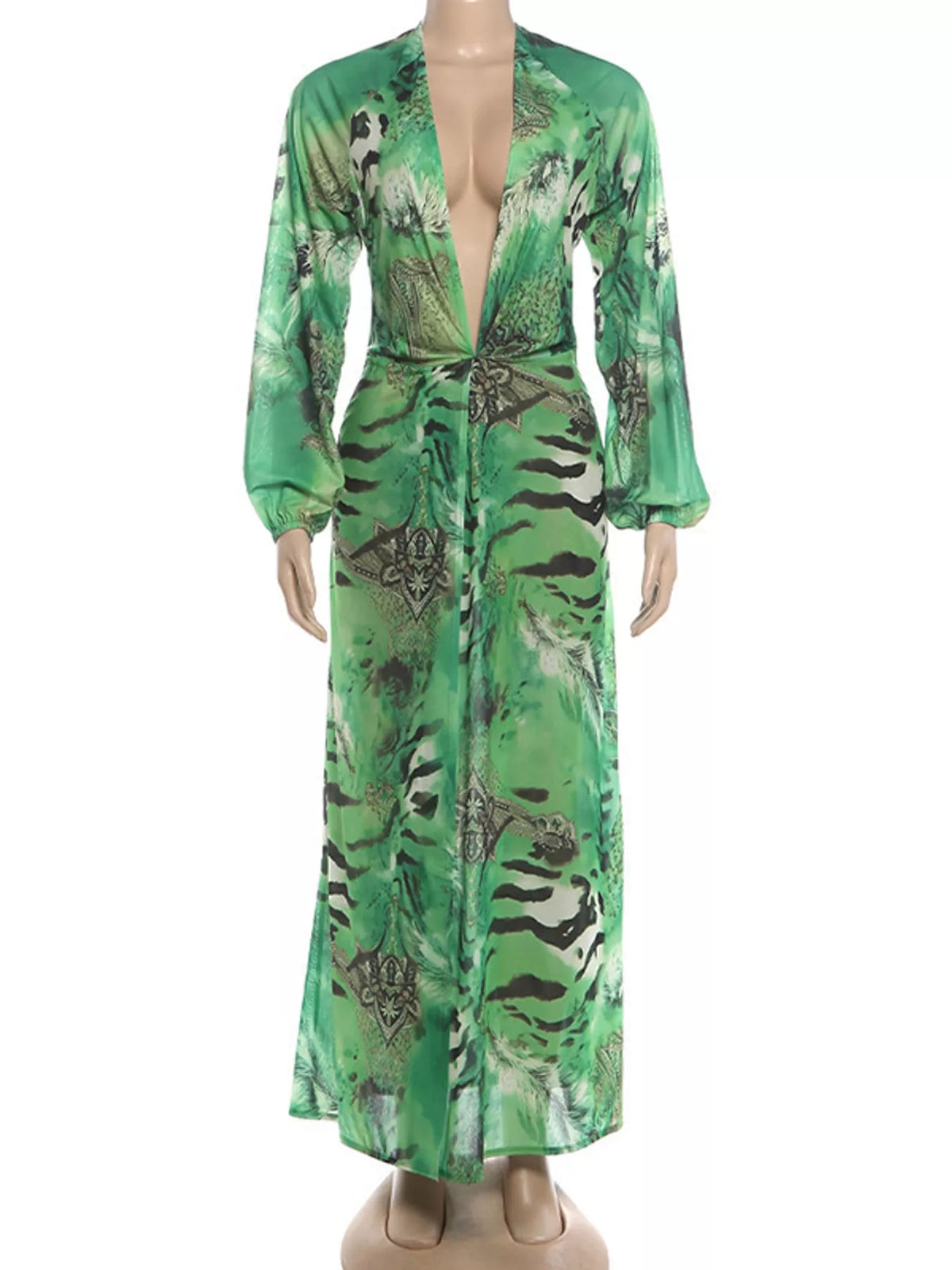 Green printed maxi dress with deep V-neck, long flowy sleeves, waist tie detail