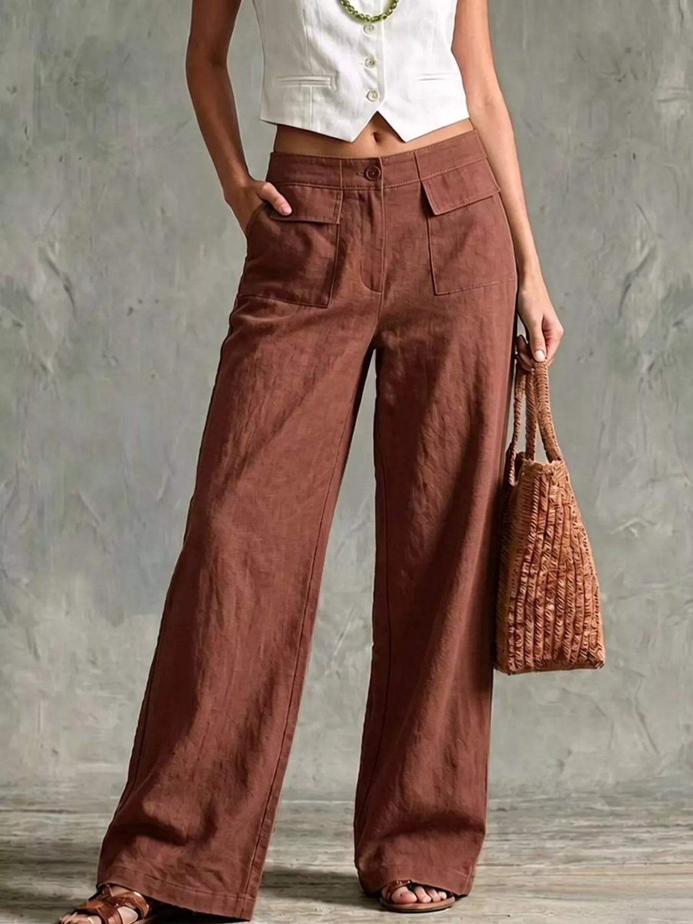 Women’s wide-leg pants with pockets, rust-brown, button front, relaxed fit