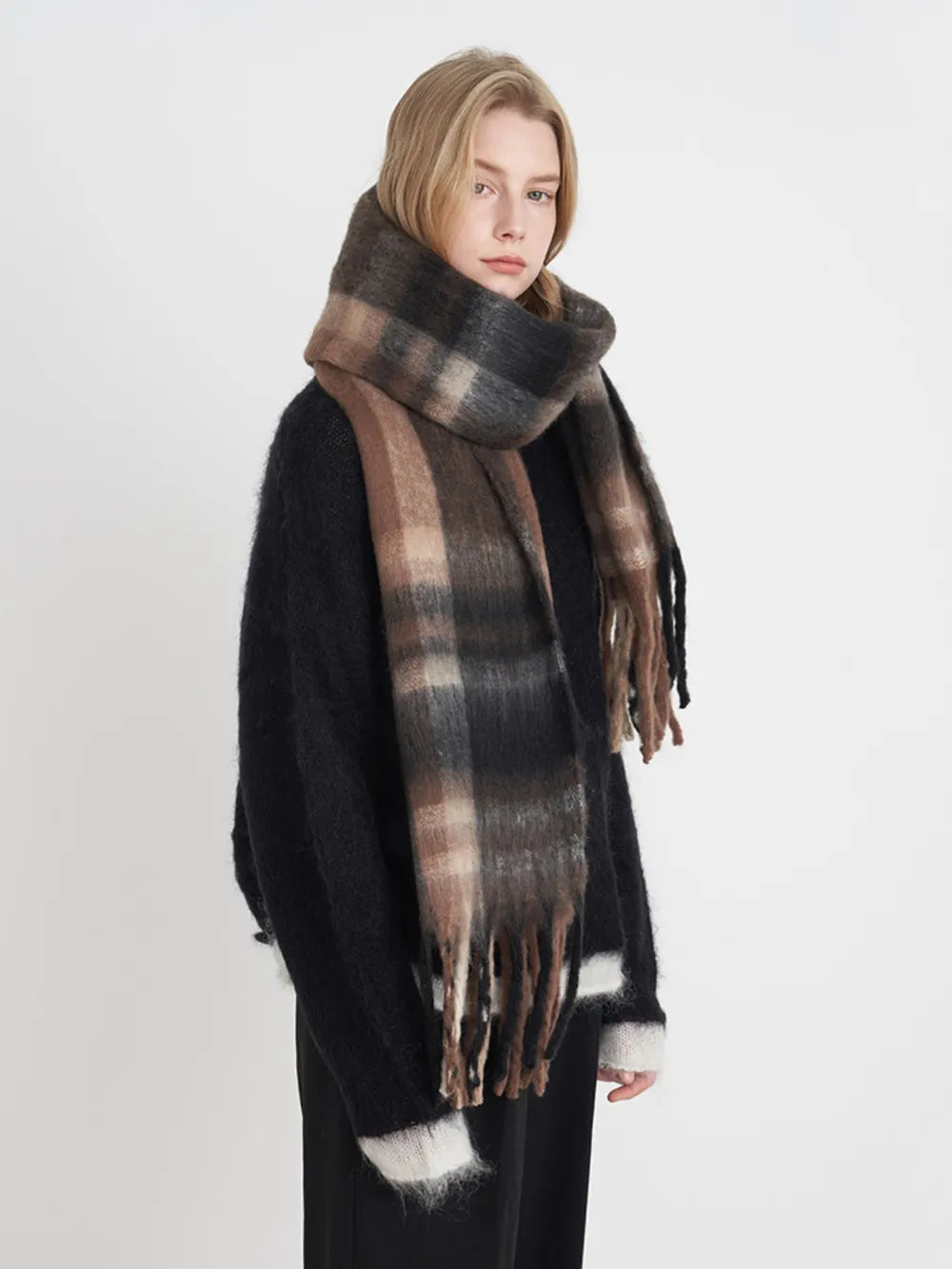 Plaid polyester scarf in dark gray and tan plaid with long fringe ends