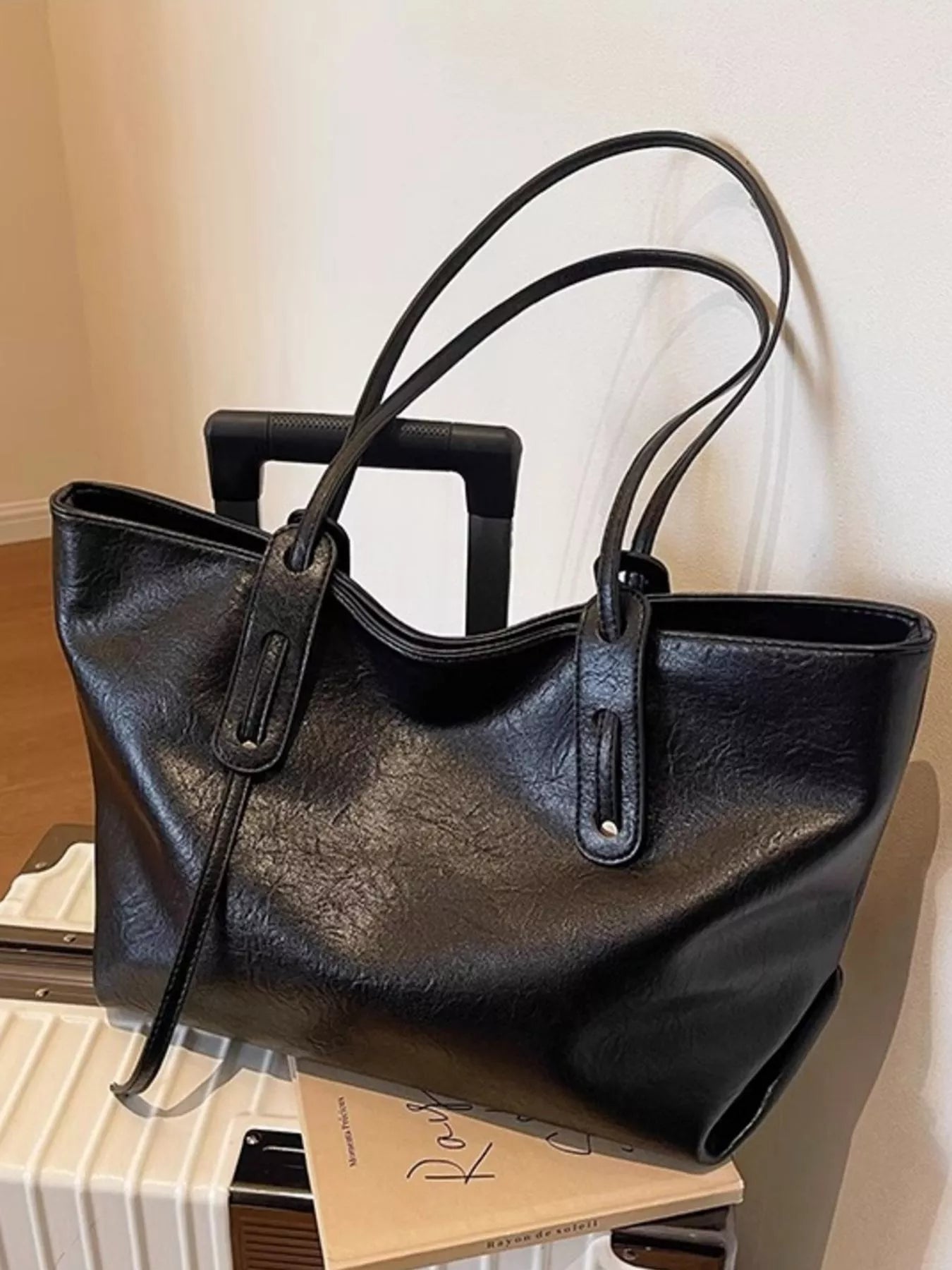 PU Leather Shoulder Bag, black, large size with double top handles