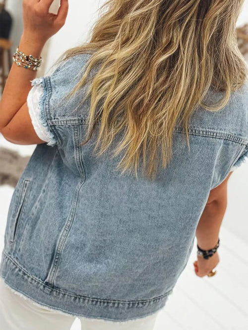 Denim vest back with buttoned yoke and frayed hem