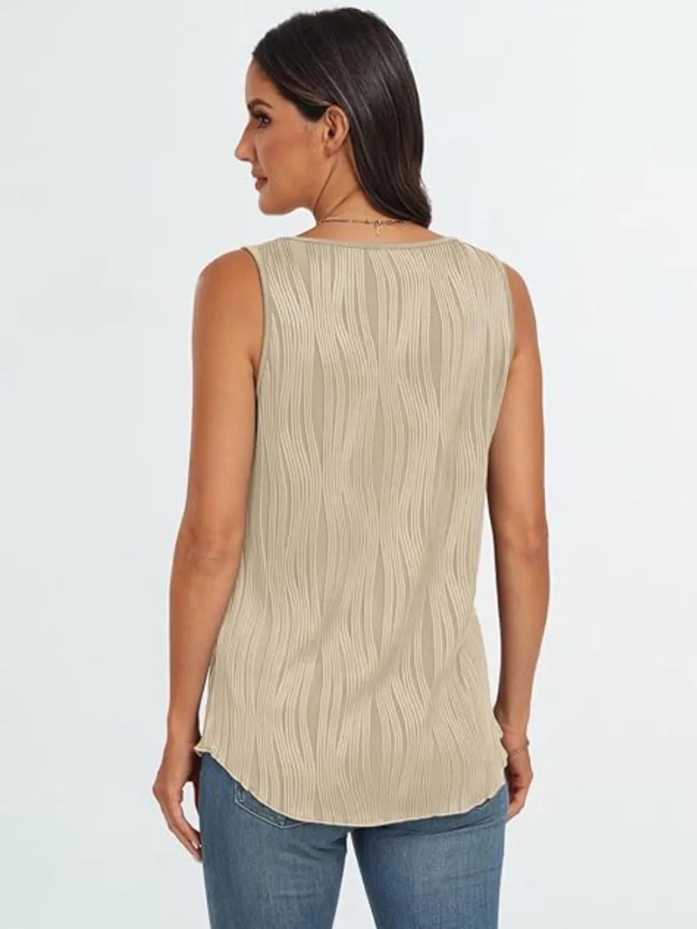 Tan wide-strap tank top with round neckline, shown from the back