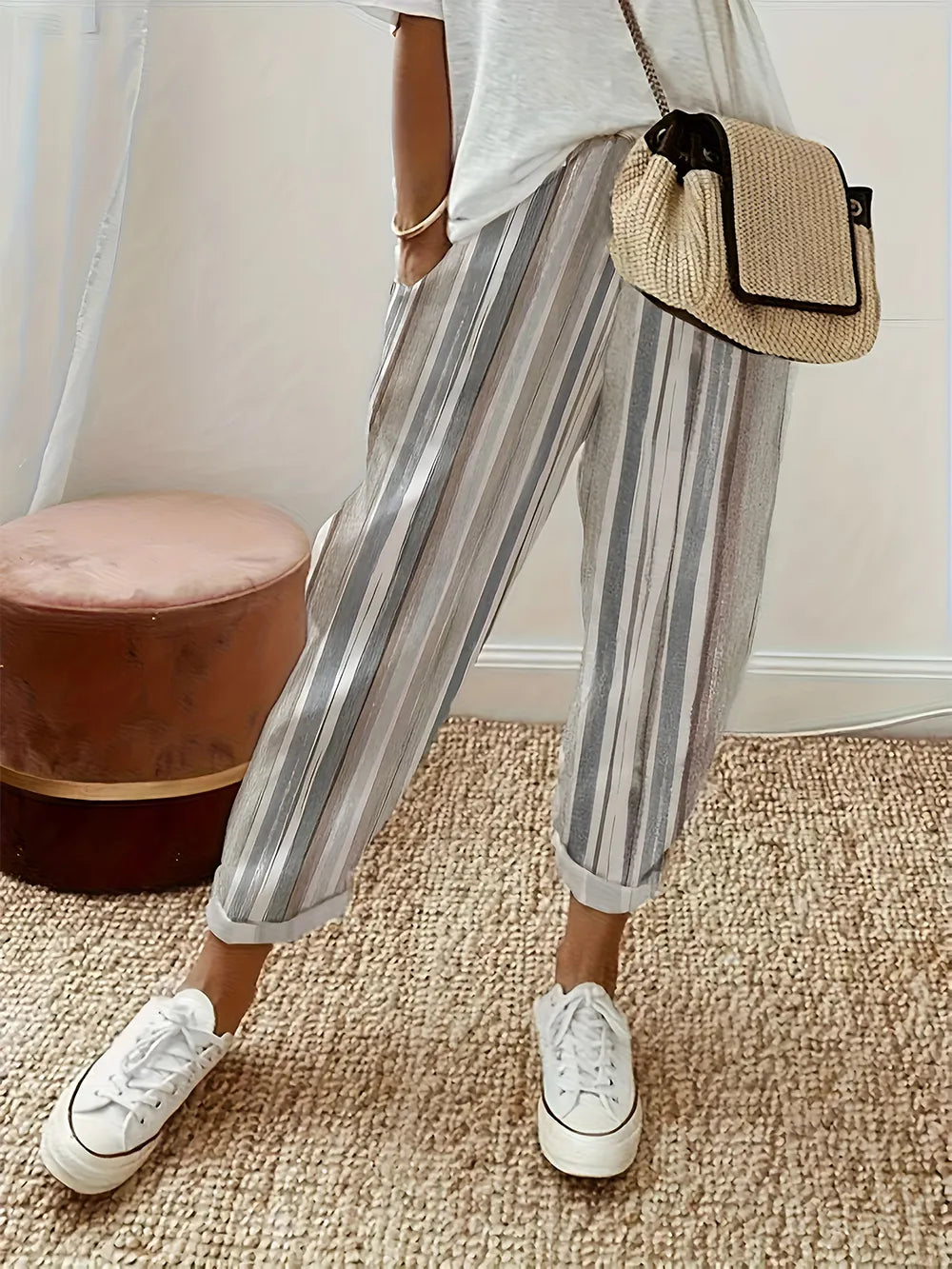 Striped wide-leg pants with side pockets, dust-gray and light vertical stripes