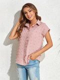 Blush pink swiss-dot button-front cap-sleeve shirt with pointed collar