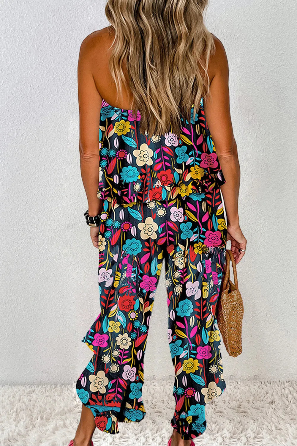 Floral strapless wide-leg jumpsuit, gathered bodice and full-length wide legs