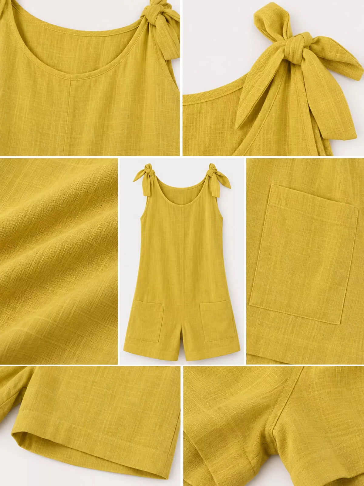 Yellow tie-shoulder bow romper showing scoop neck, pocket shorts, and tied shoulder straps