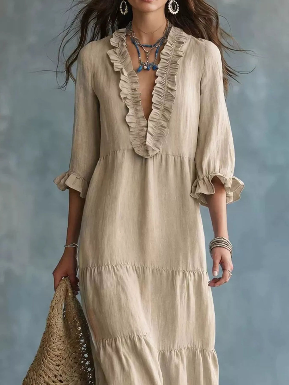 Khaki ruffled V-neck tiered maxi dress with three-quarter sleeves