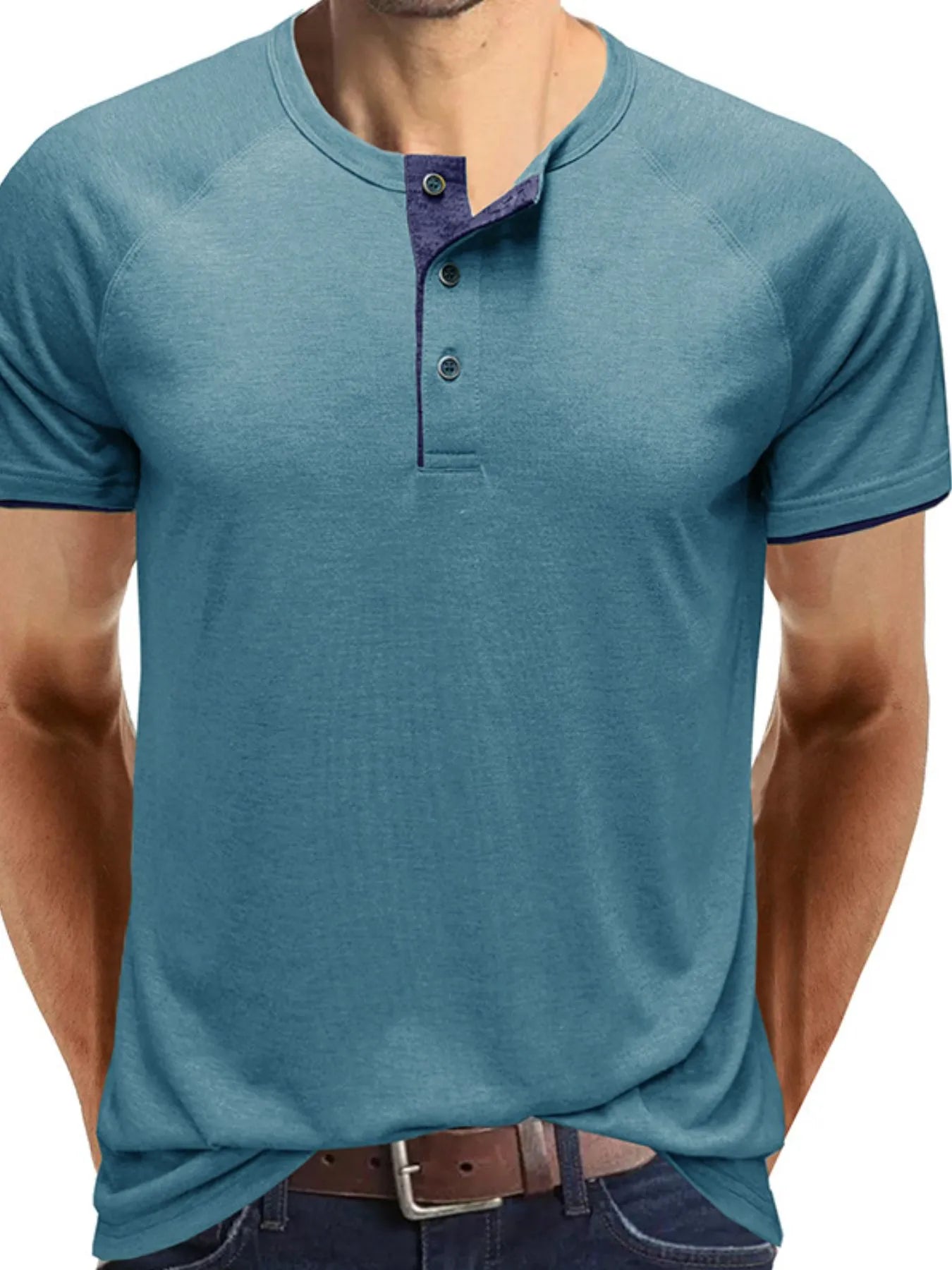 Peacock blue henley polo shirt with dark buttons and collar placket.