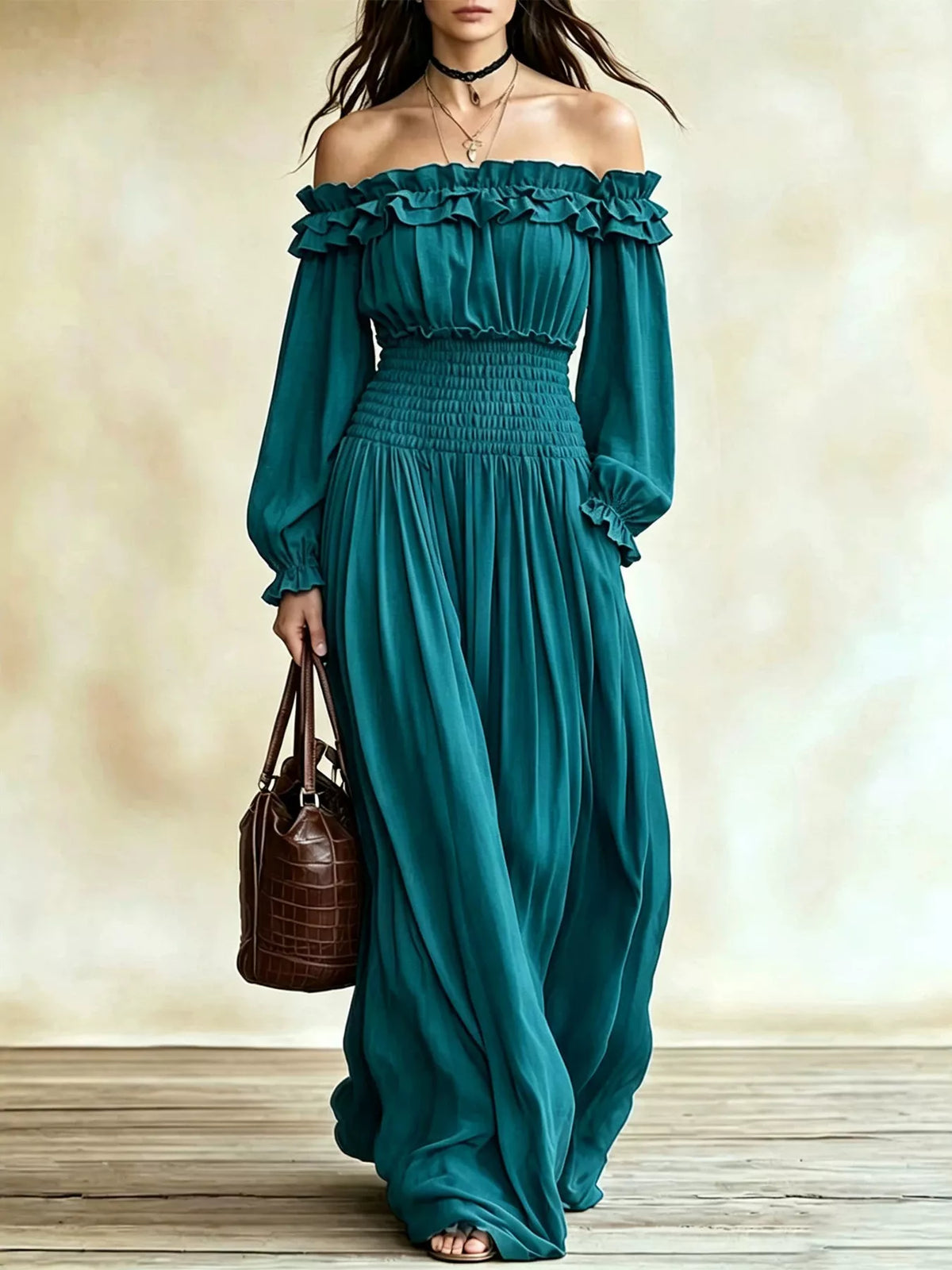 Teal off-shoulder ruffled maxi dress with smocked waist and long puff sleeves