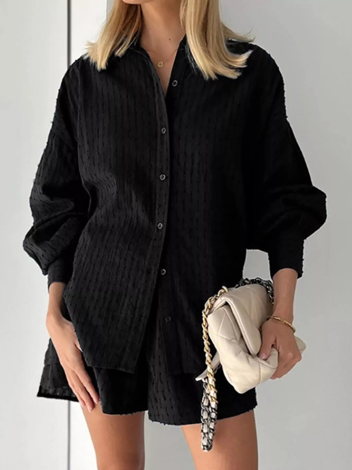 Black textured cotton button-down shirt and shorts set with long sleeves and buttons