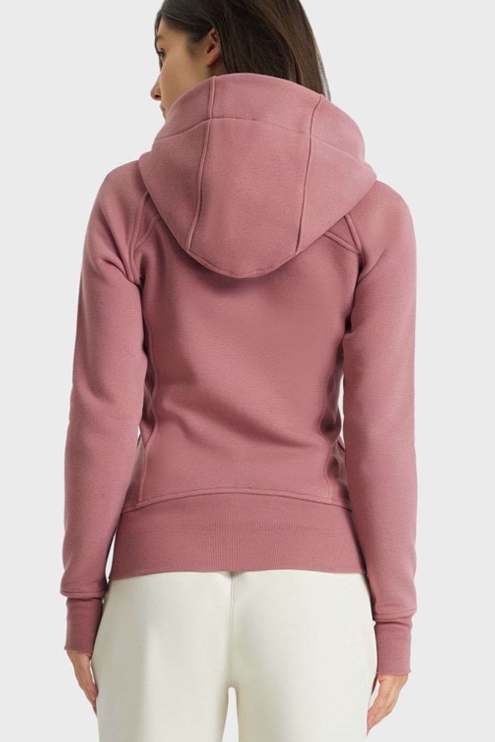Dusty pink zip-up hooded sports jacket, view from back