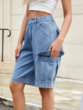 High waist denim shorts, medium blue, button fly, side cargo pockets