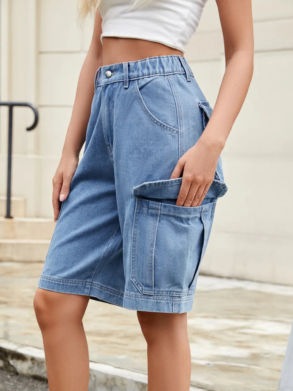 High waist denim shorts, medium blue, button fly, side cargo pockets