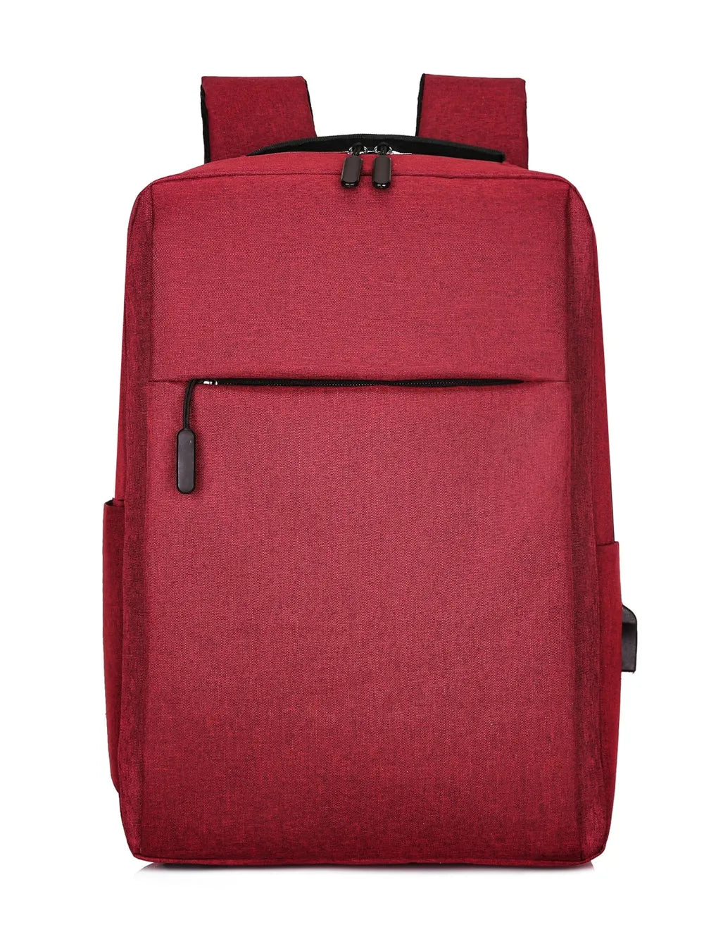 Burgundy oxford backpack with top handle, adjustable straps, and front zip pocket.