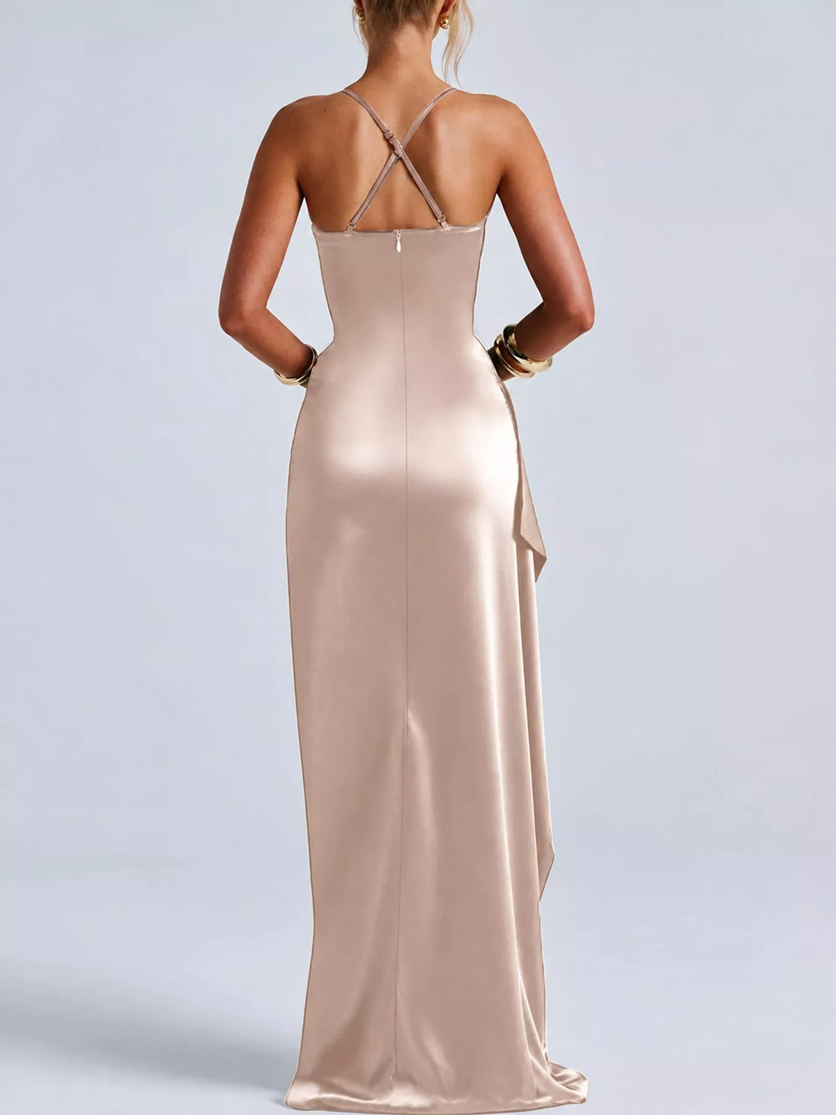 Blush satin ruched maxi dress with crisscross back straps and high side slit