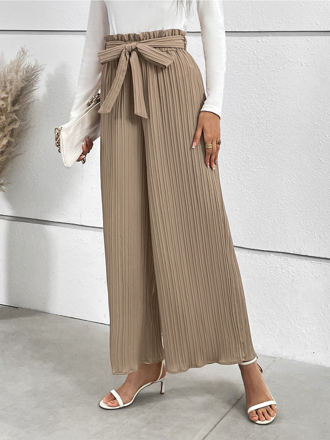Camel wide-leg long pants with elastic waist and long tie bow, pleated drape