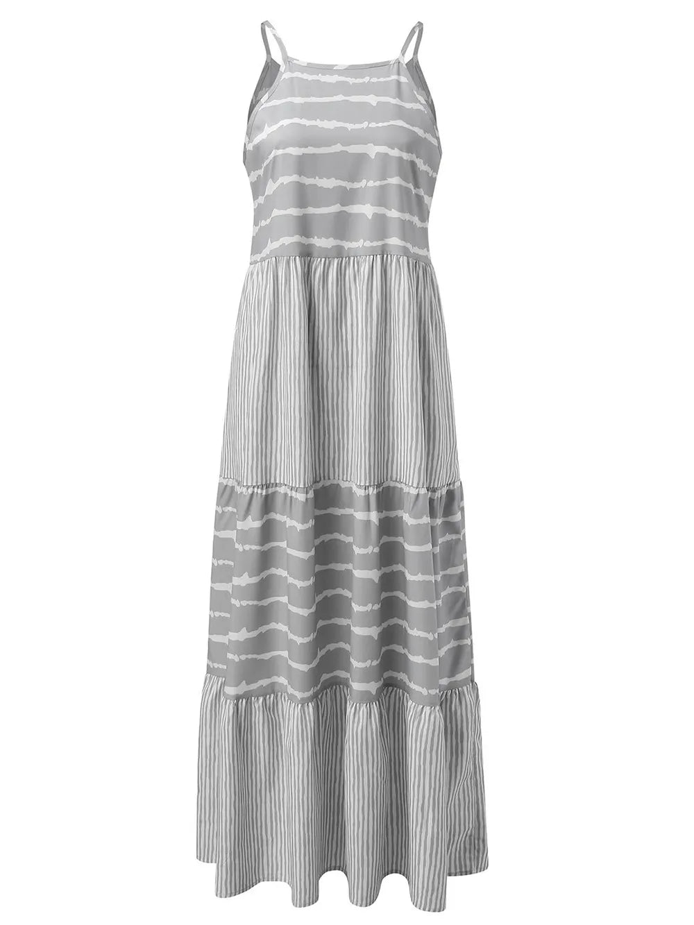 Light gray striped sleeveless tiered cami maxi dress with layered ruffle hems