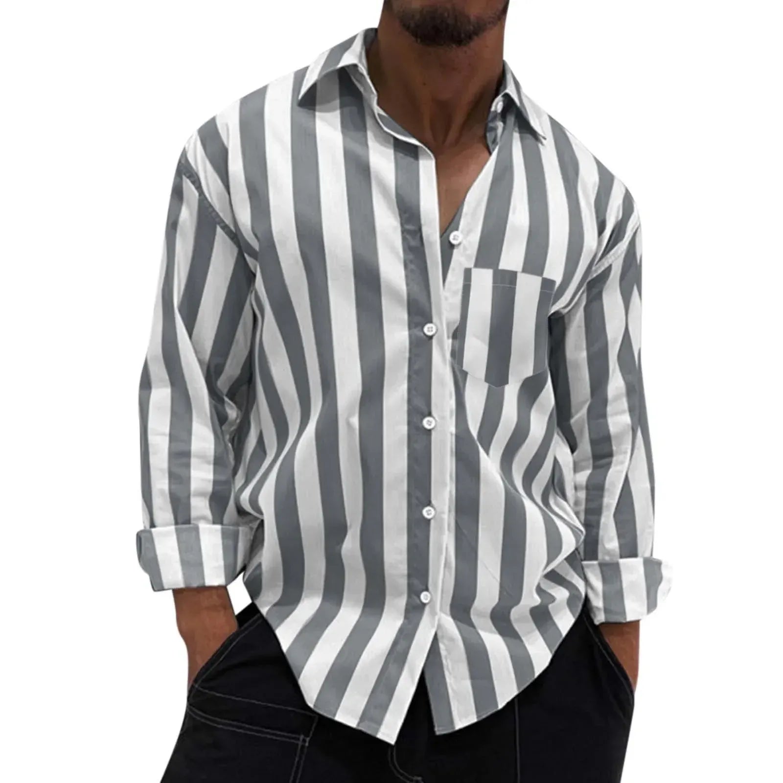 Grey and white striped long-sleeve button-down shirt with front buttons