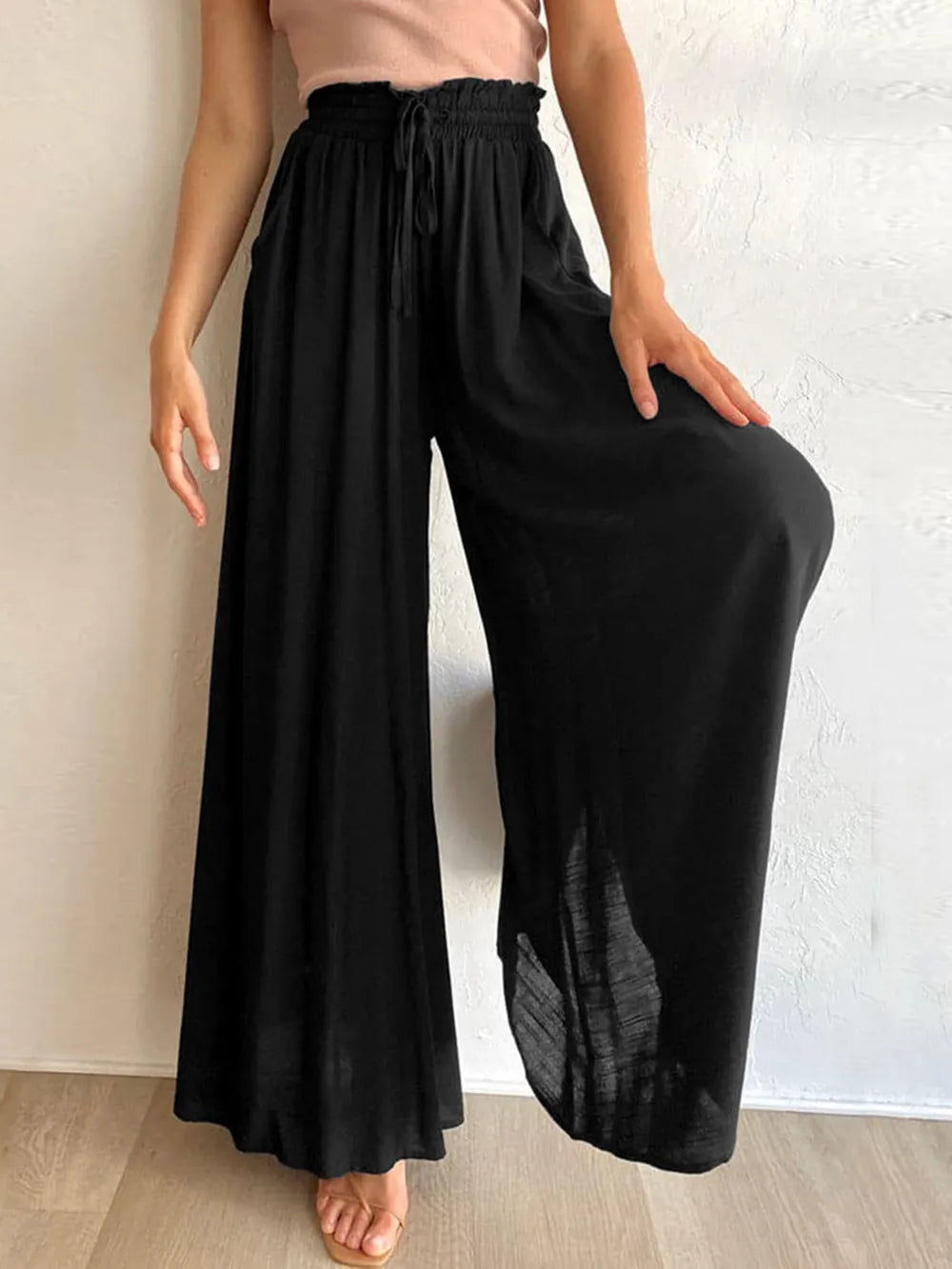 Drawstring wide-leg pants with elastic waist, black