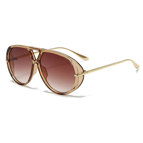 Aviator-style sunglasses with gold frame and brown gradient lenses, thin metal arms.