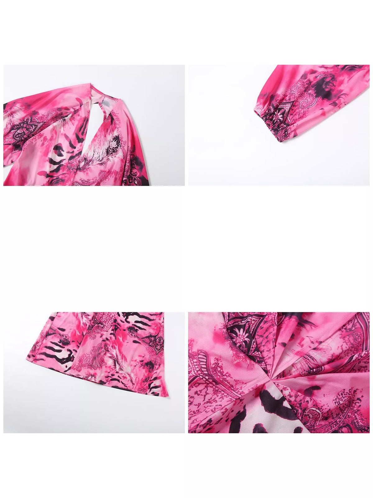 Pink printed maxi dress close-ups: deep V neckline, sleeve cuff, and back slit trim