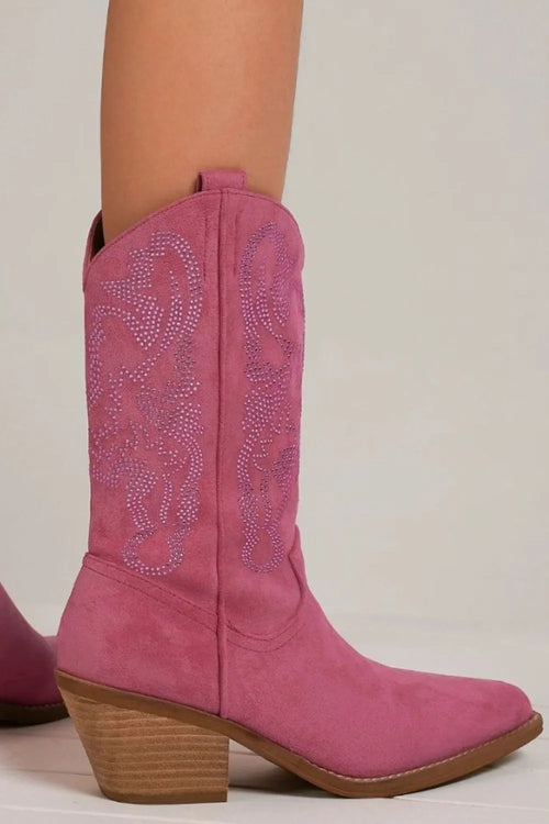 Cerise suede point-toe cowboy boots with rhinestone front shaft detail and wood block heel