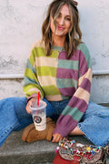 Multicolor striped drop-shoulder ribbed sweater, long sleeves, crew neck