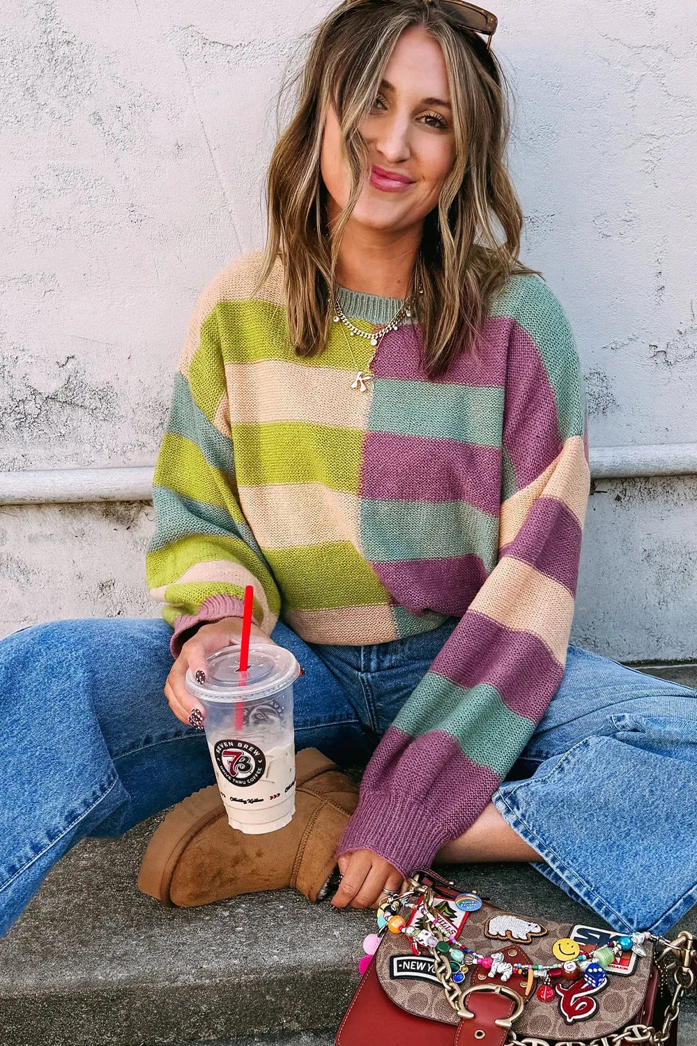 Multicolor striped drop-shoulder ribbed sweater, long sleeves, crew neck