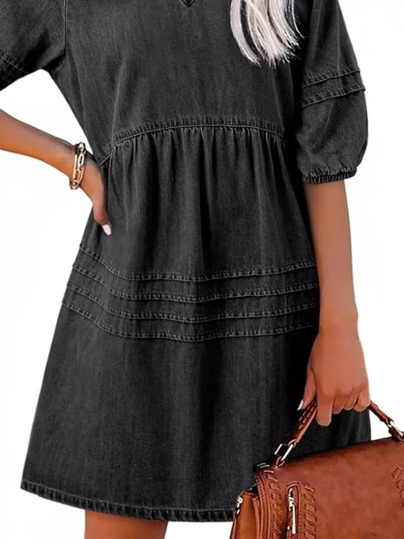 Cedar & Moore Casual V-Neck Puff Sleeve Denim Dress by Trendsi, black denim with tiered waist; brown handbag