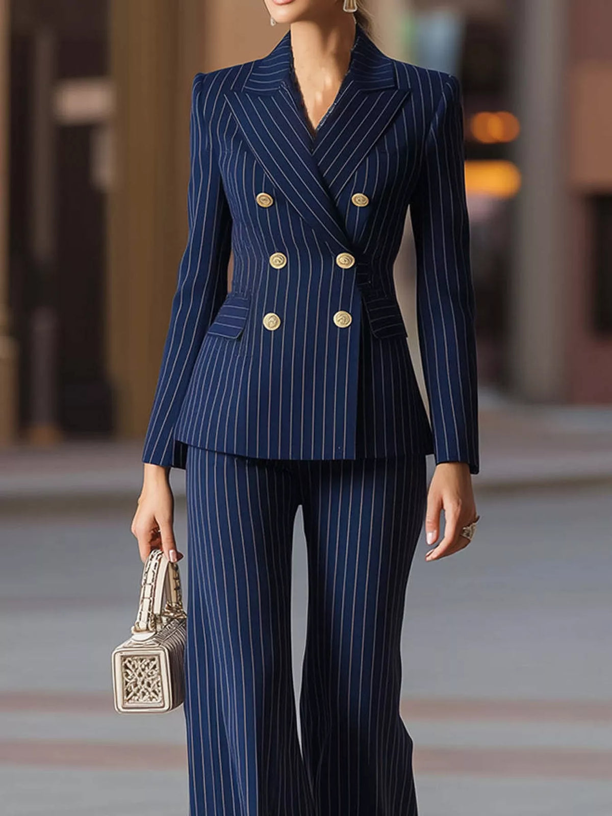 Navy pinstripe double-breasted blazer and wide-leg pants set, gold button detailing.