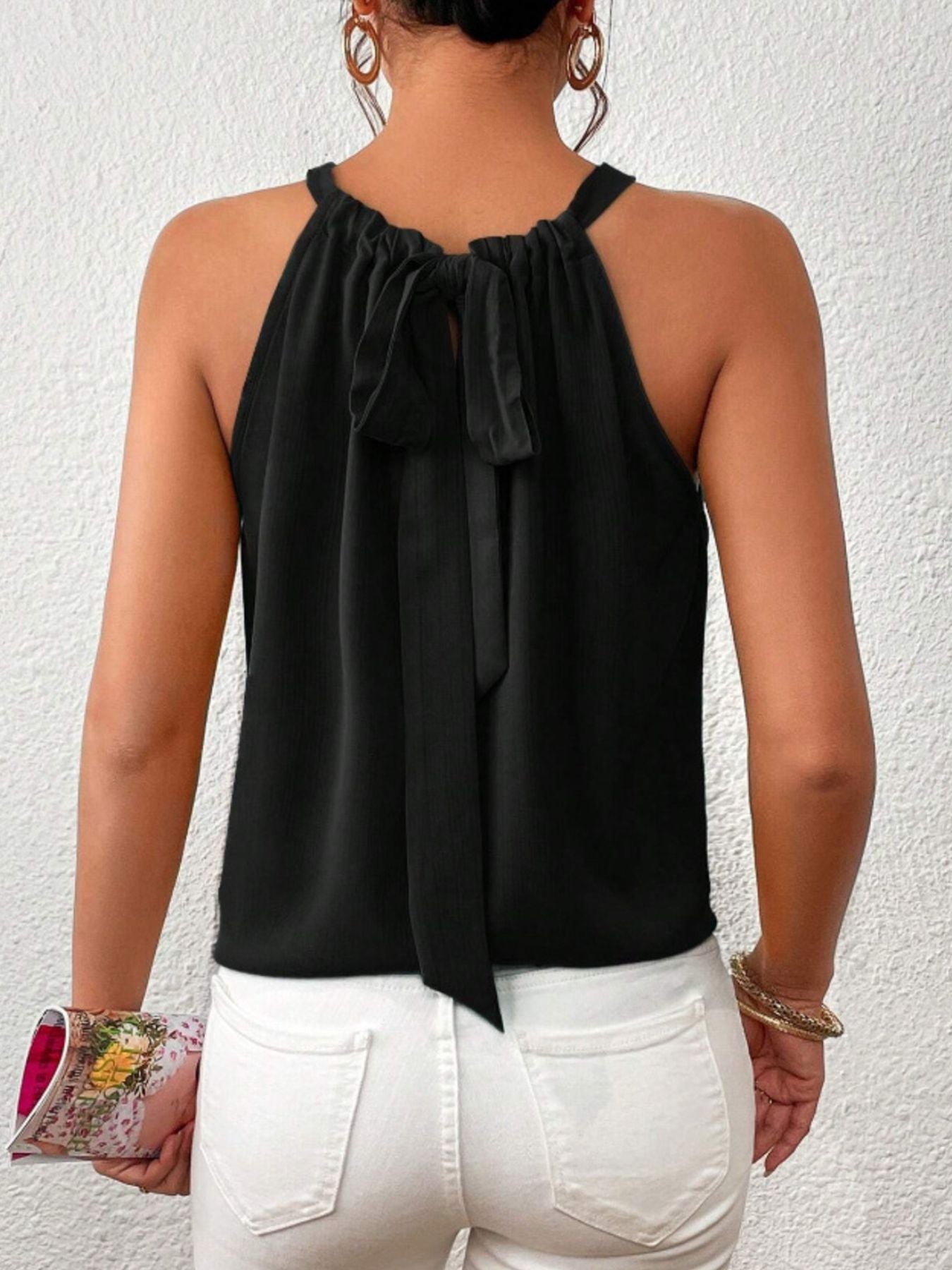 Cedar & Moore solid color ruched cami back view in black with bow tie detail