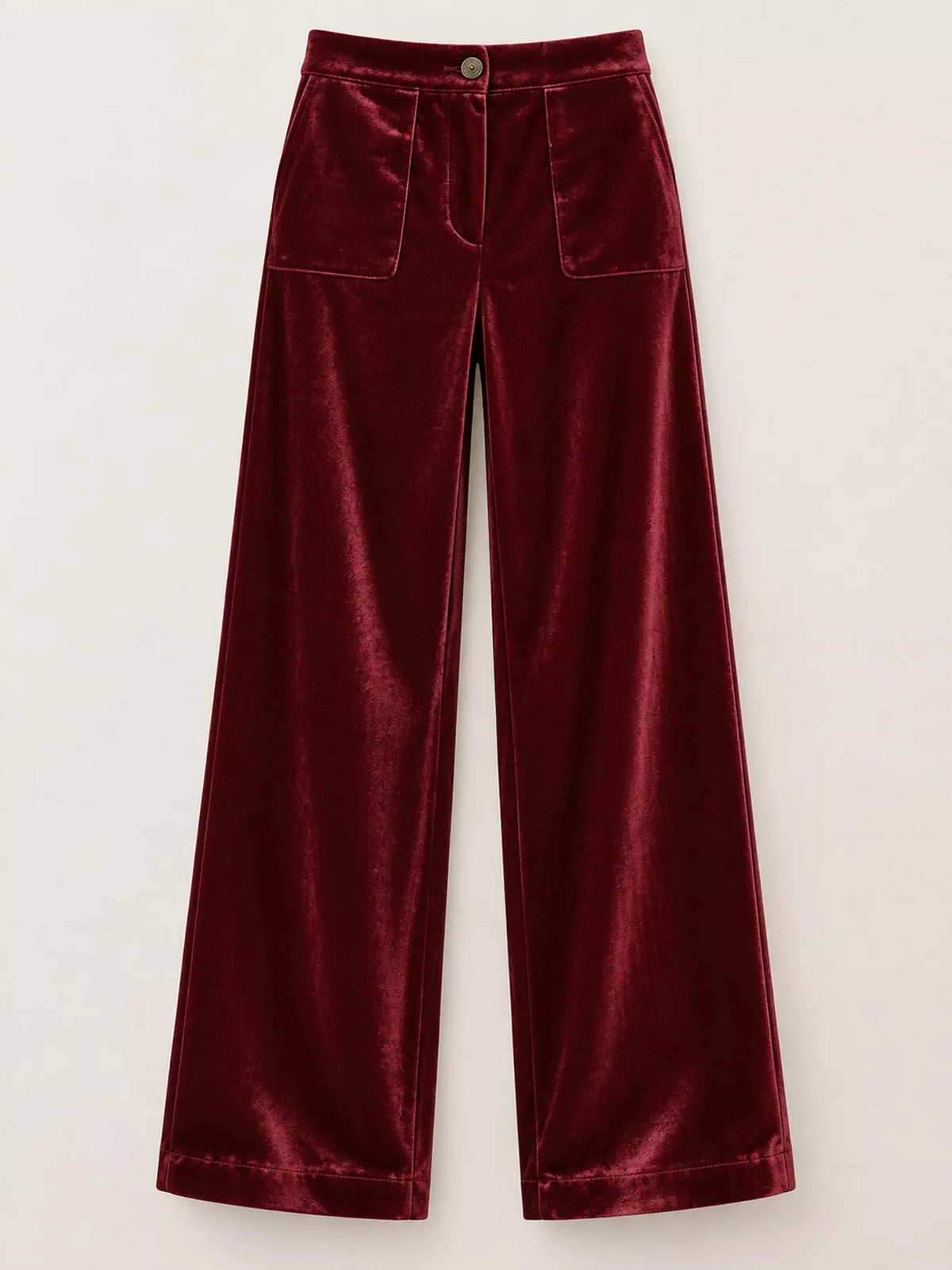Wine red velvet wide-leg trousers with high waist, button closure, and front pockets