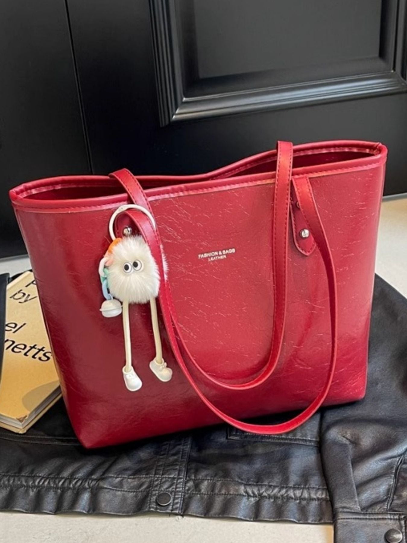 Trendsi faux leather shoulder bag in red PU, large size with dual straps