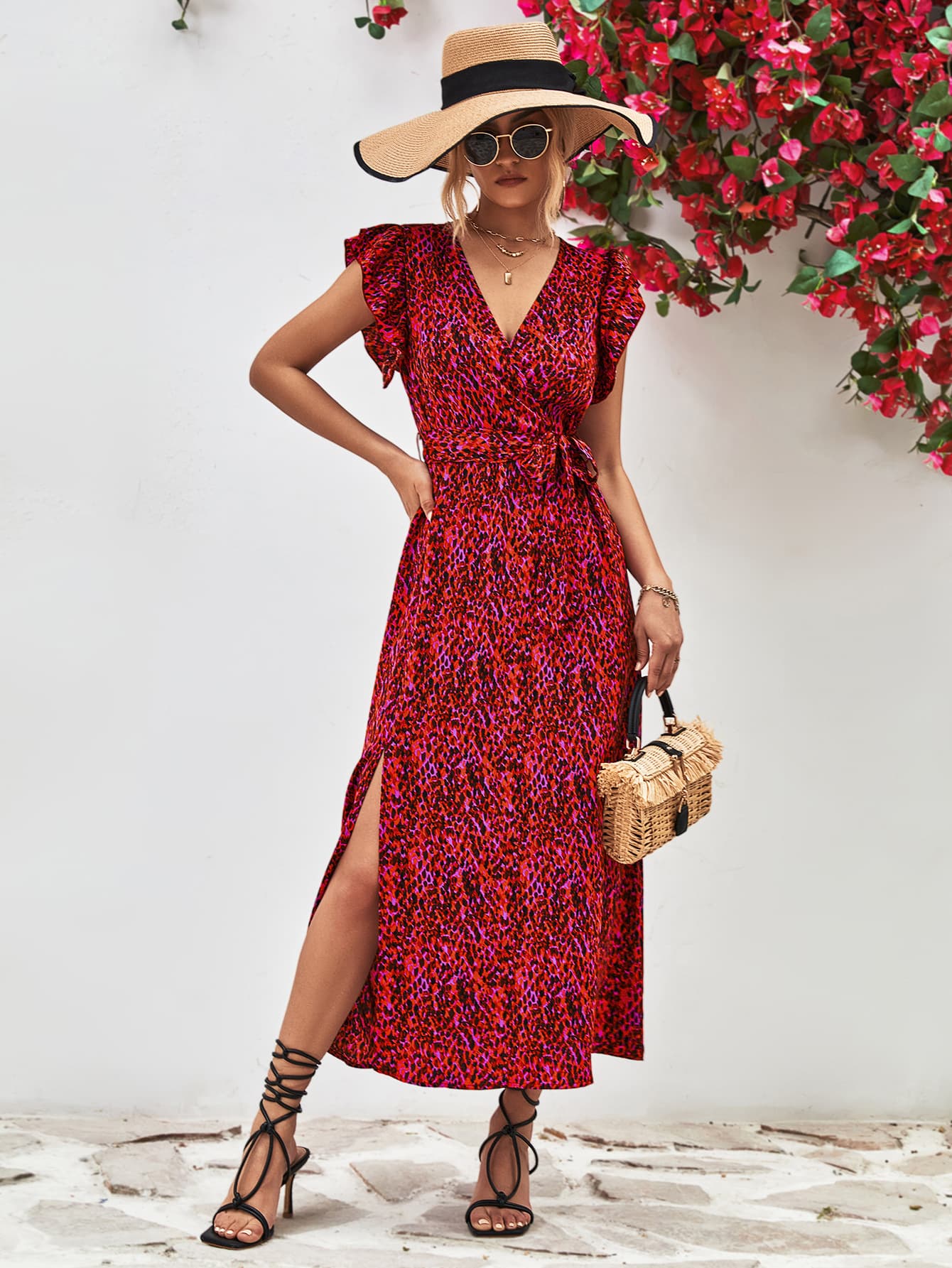 Printed V-neck maxi dress with flutter sleeves and side slit, red multicolor pattern