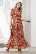 Floral V-neck short-sleeve flounce dress with tiered skirt, deep red base.