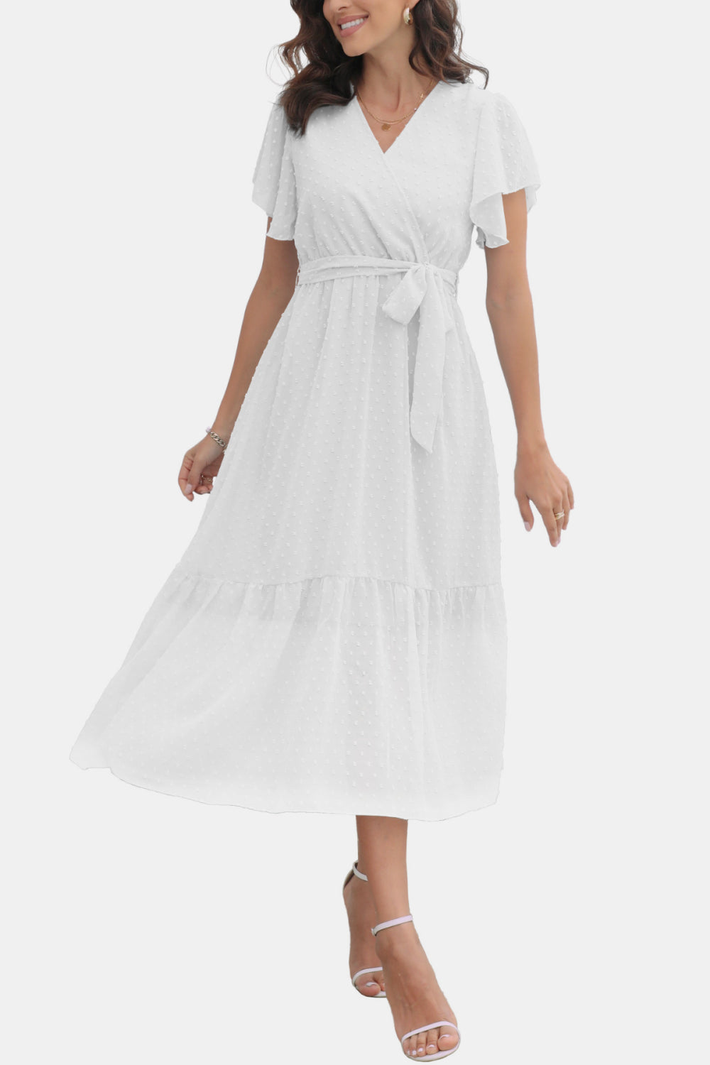 White surplice V-neck flutter-sleeve dress with tie waist and tiered skirt hem