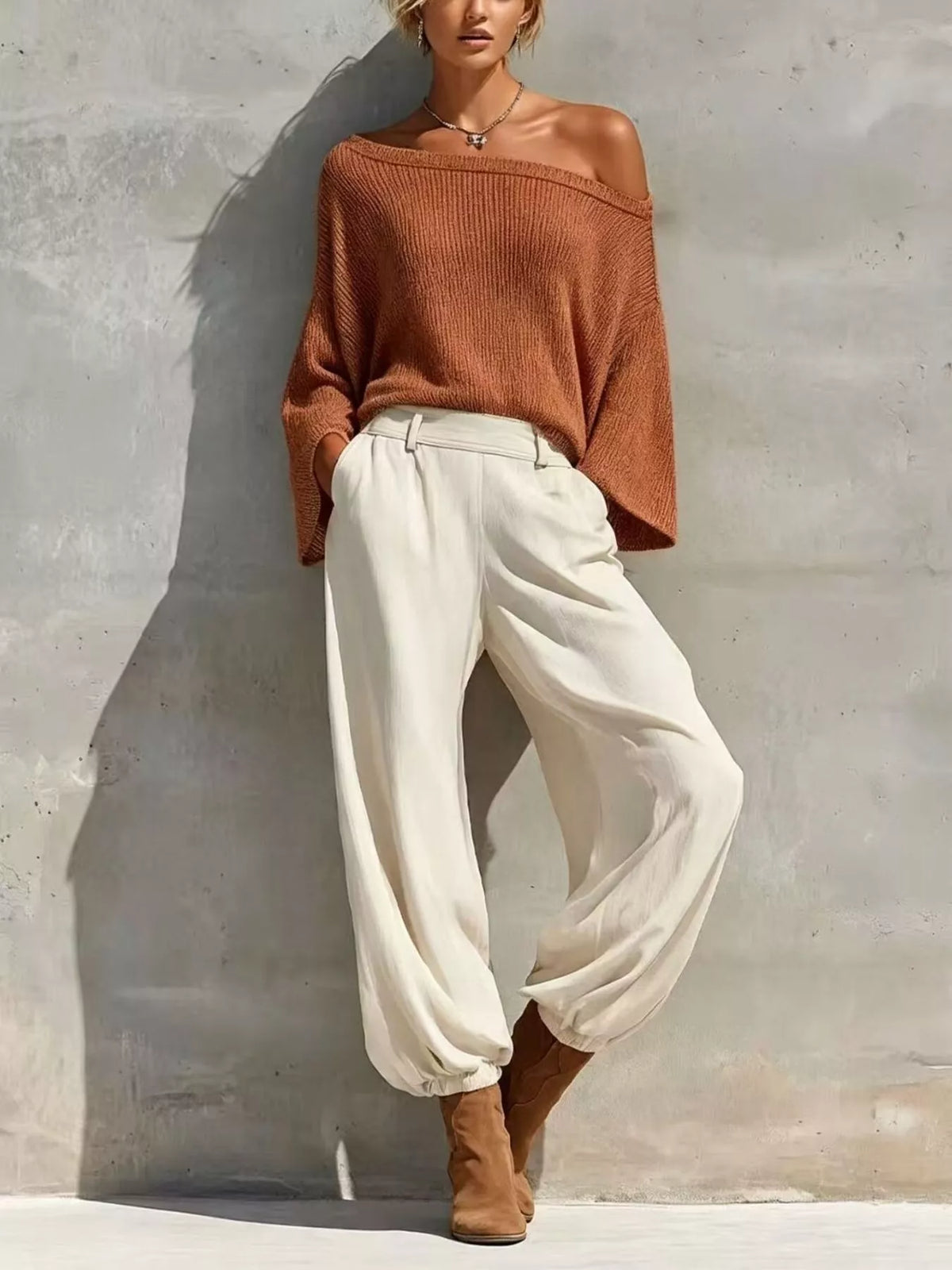 Caramel off-shoulder knit top with high-waisted white jogger pants and elastic cuffs