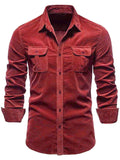 Men's collared button-down shirt with two chest pockets, long sleeves (deep red)