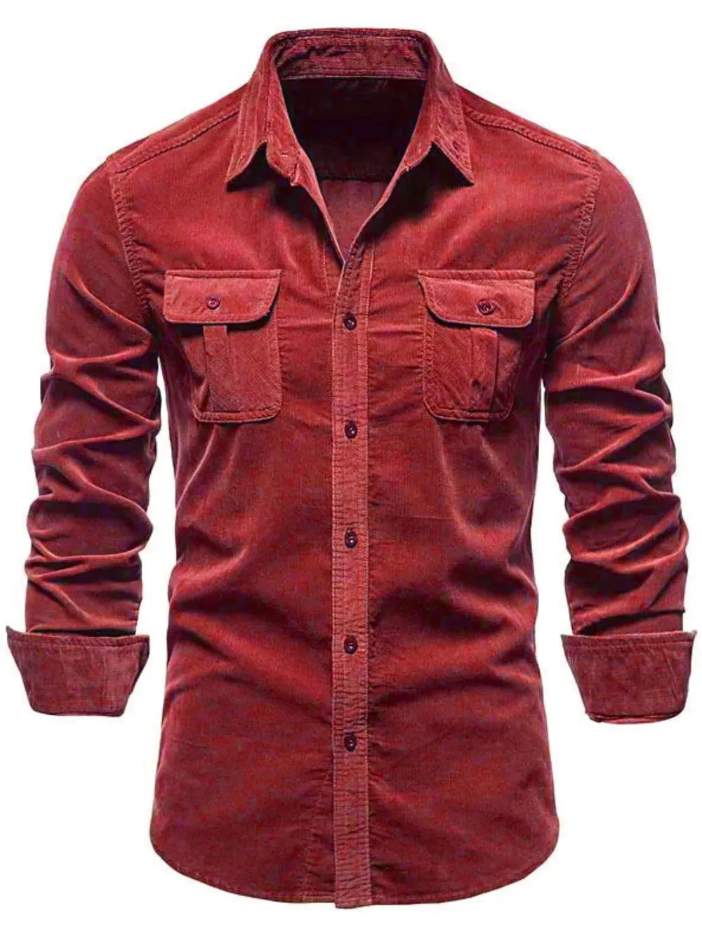 Men's collared button-down shirt with two chest pockets, long sleeves (deep red)