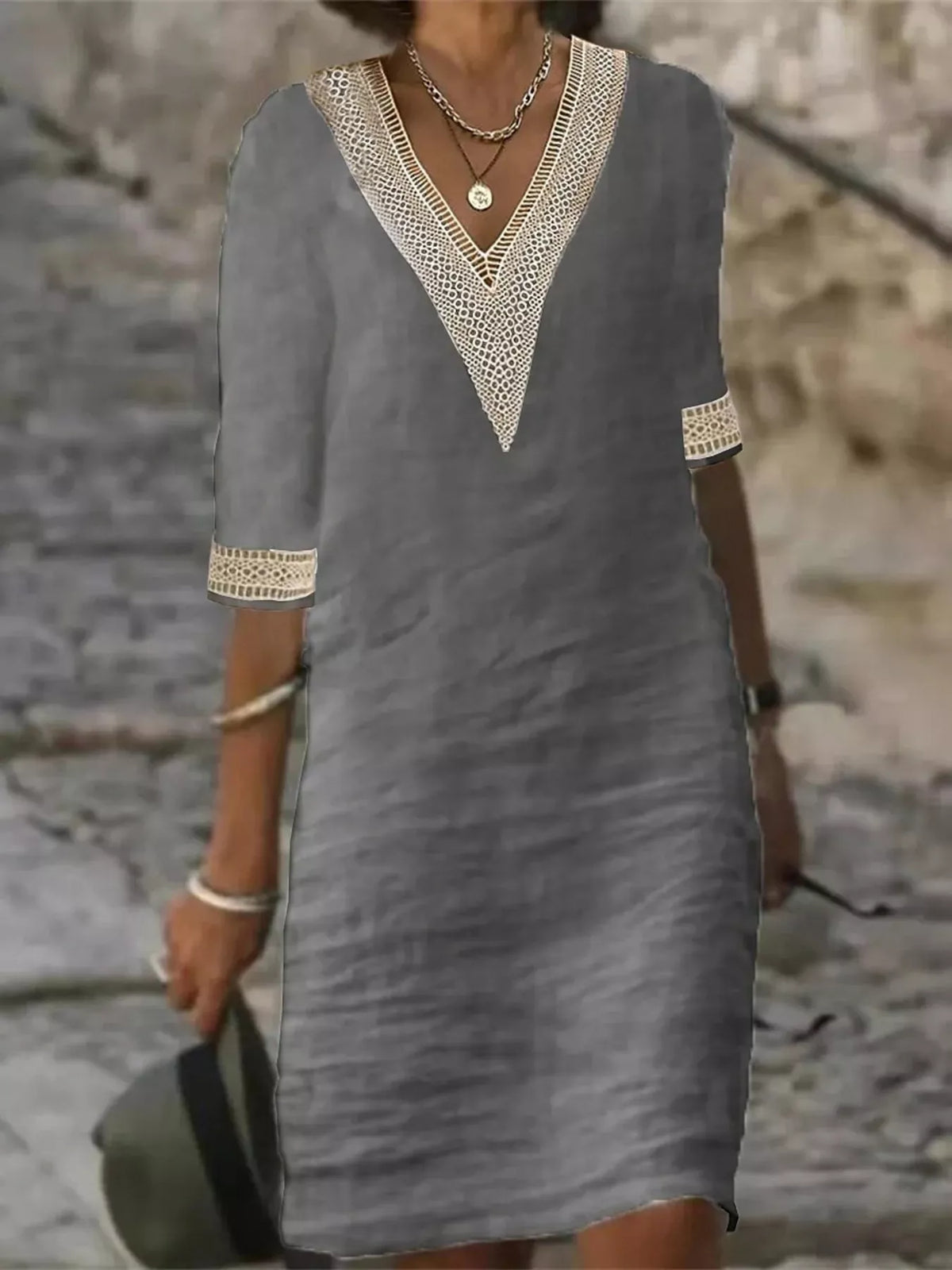 Grey V-neck half-sleeve lace-trim shift dress with textured mesh yoke