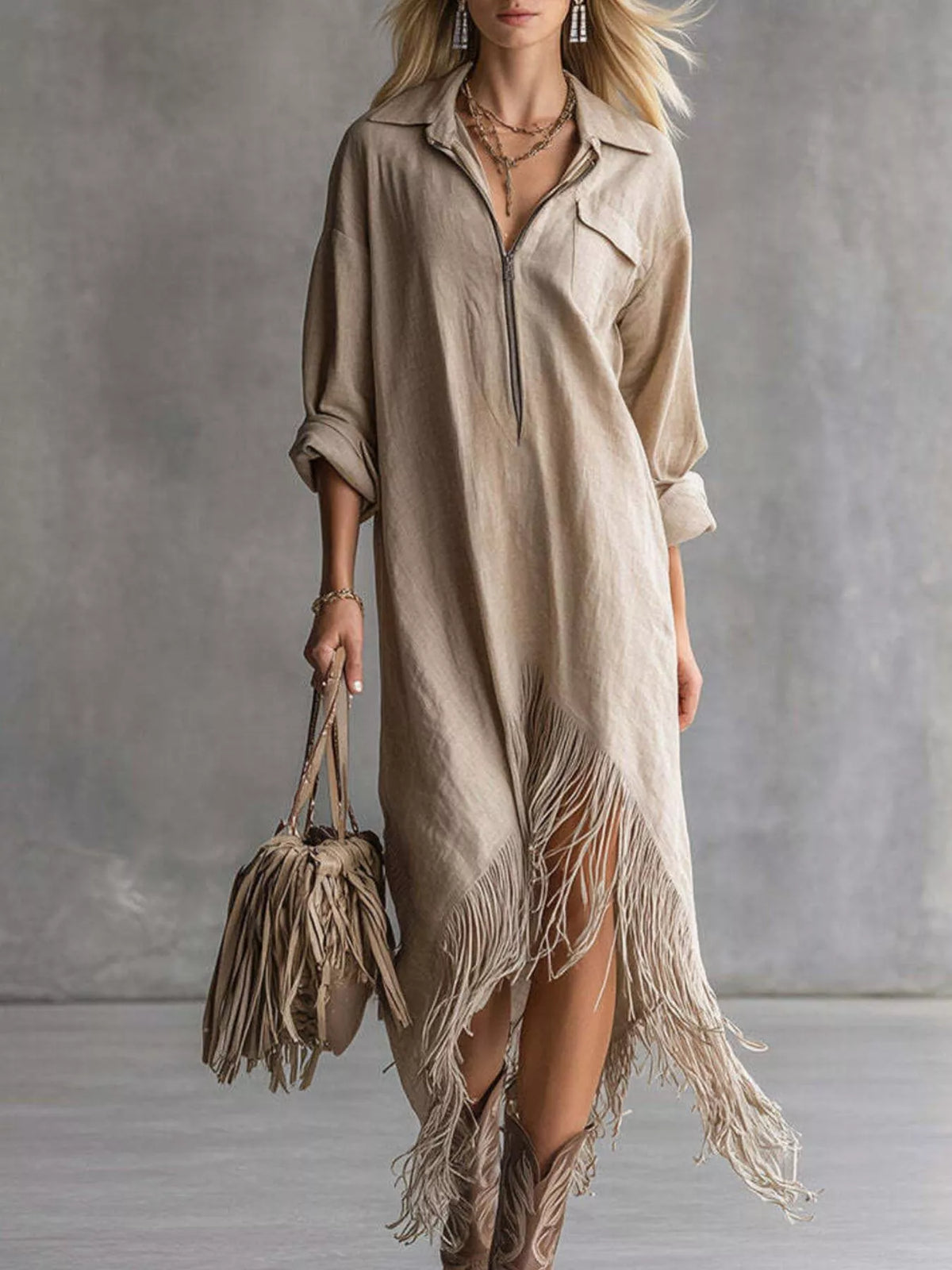 Camel midi dress with front zipper and tassel fringe hem