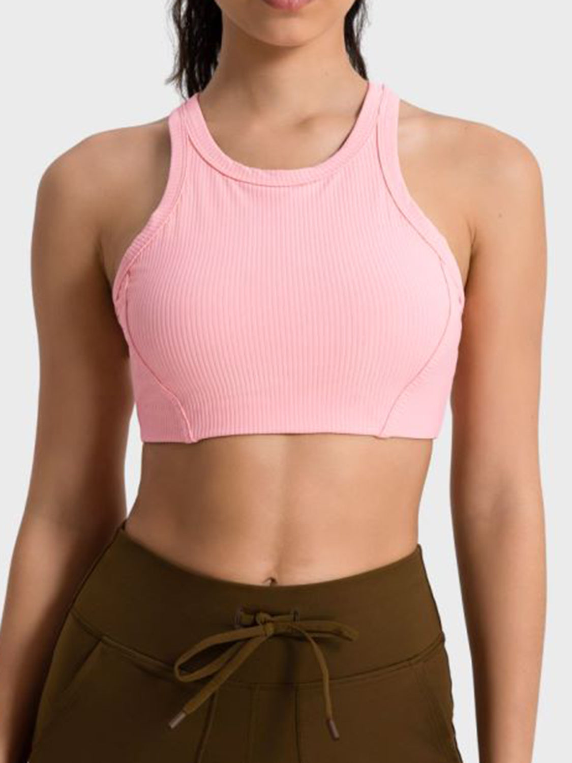 Pink ribbed cropped sport tank with wide straps and crew neckline