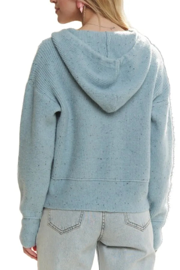 Light blue hoodie cardigan sweater with hood and button front, back view