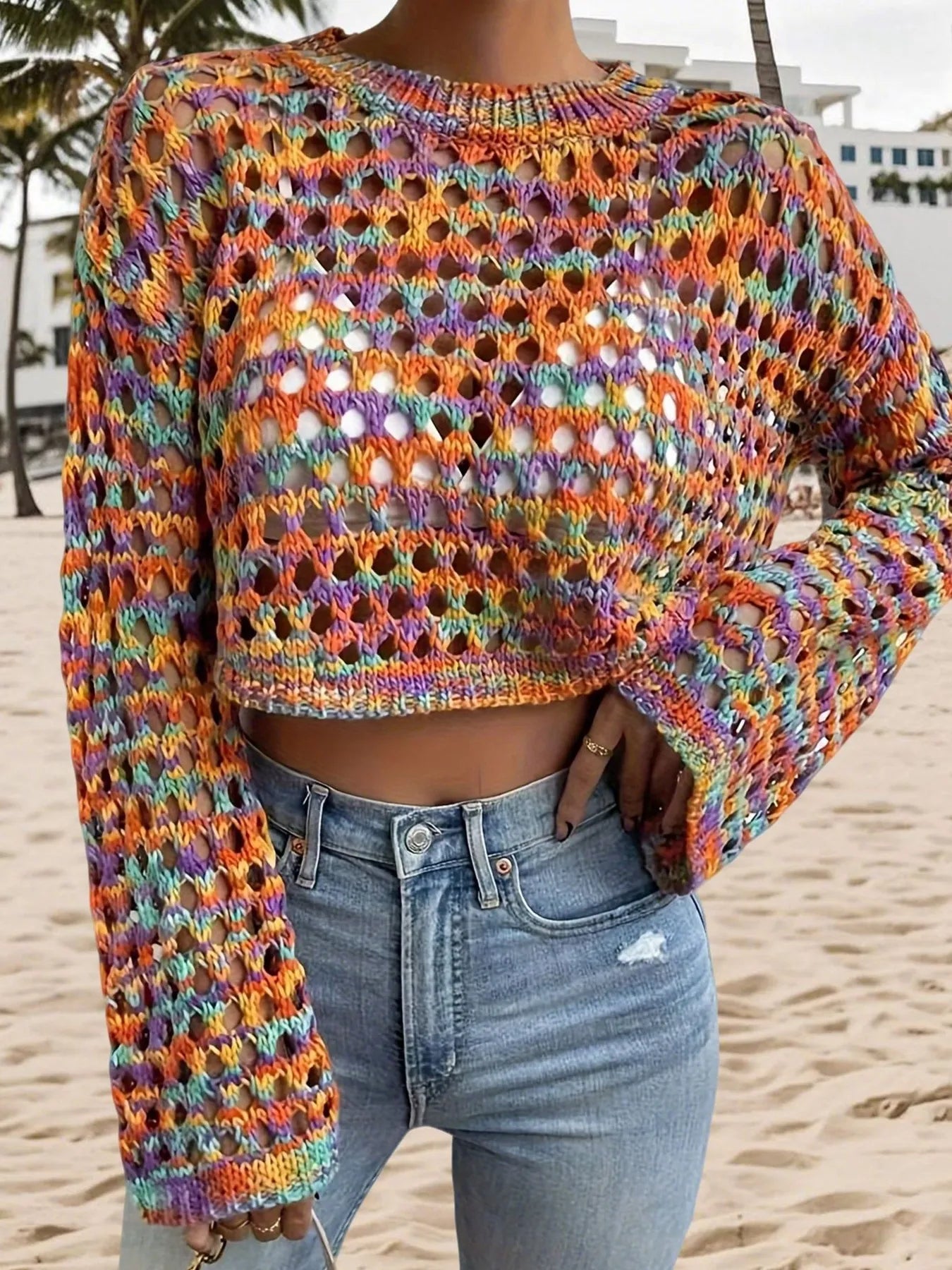 Multicolor crochet cropped sweater with openwork hollow pattern, long sleeves