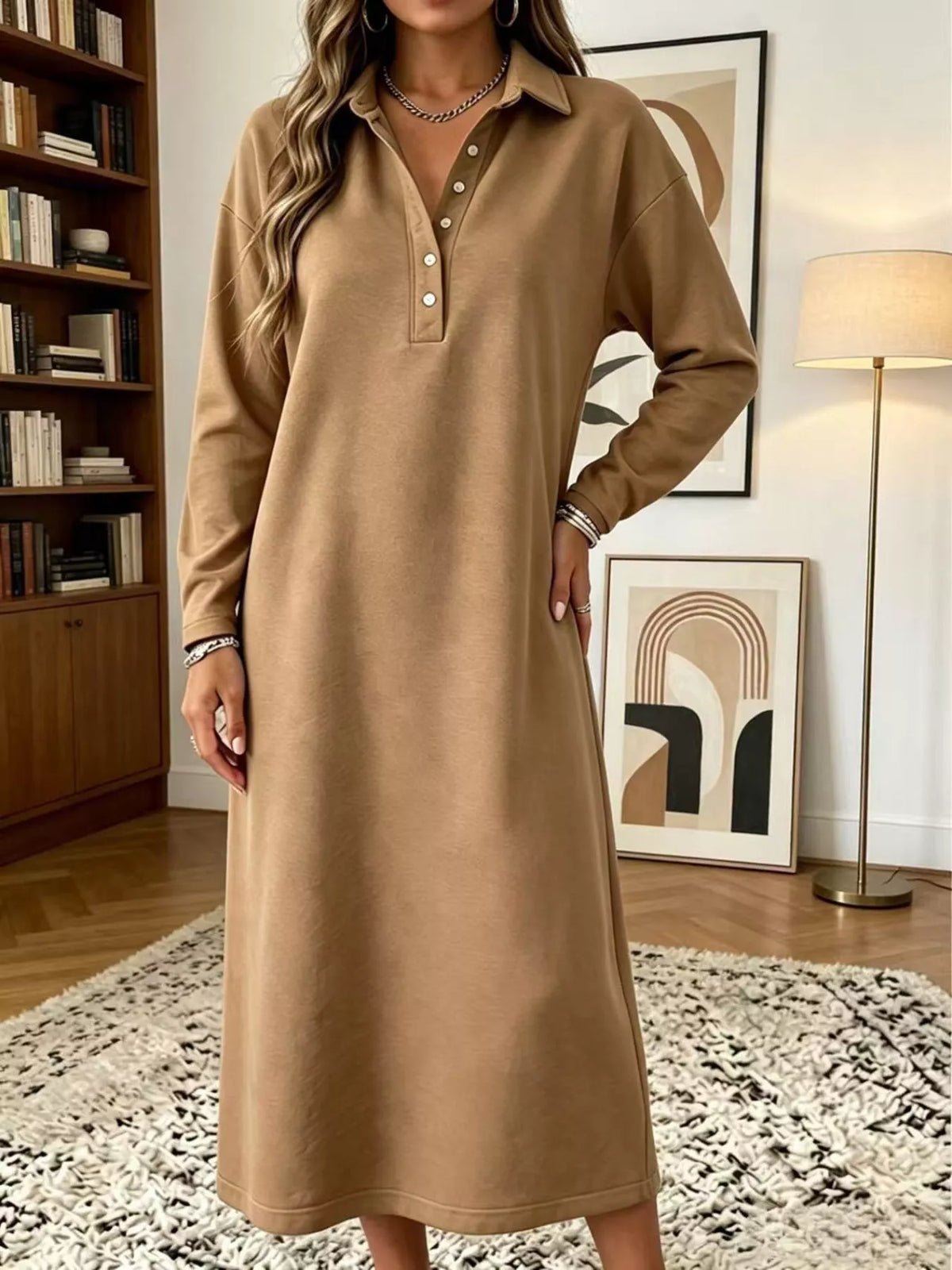 Khaki polo midi dress with long sleeves, buttoned placket and polo collar