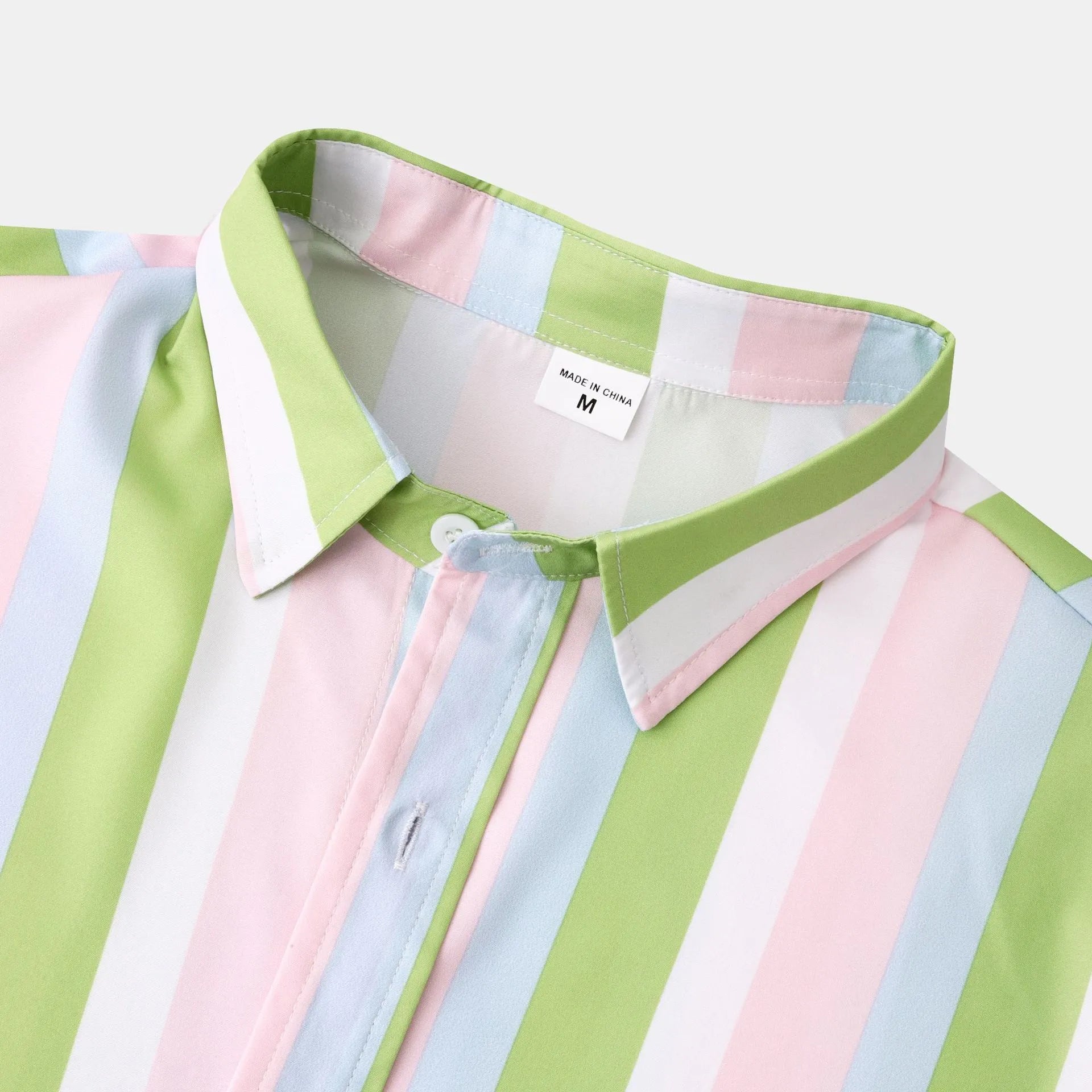 Striped long sleeve button-up shirt collar detail, pastel green and pink vertical stripes
