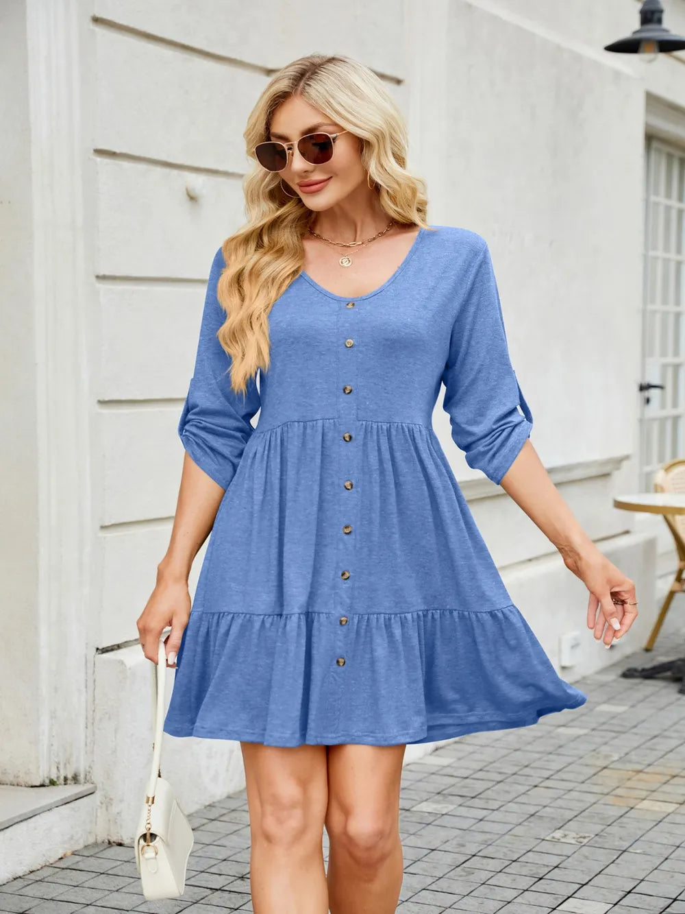 Tiered ruched V-neck blue mini dress with button-front detail